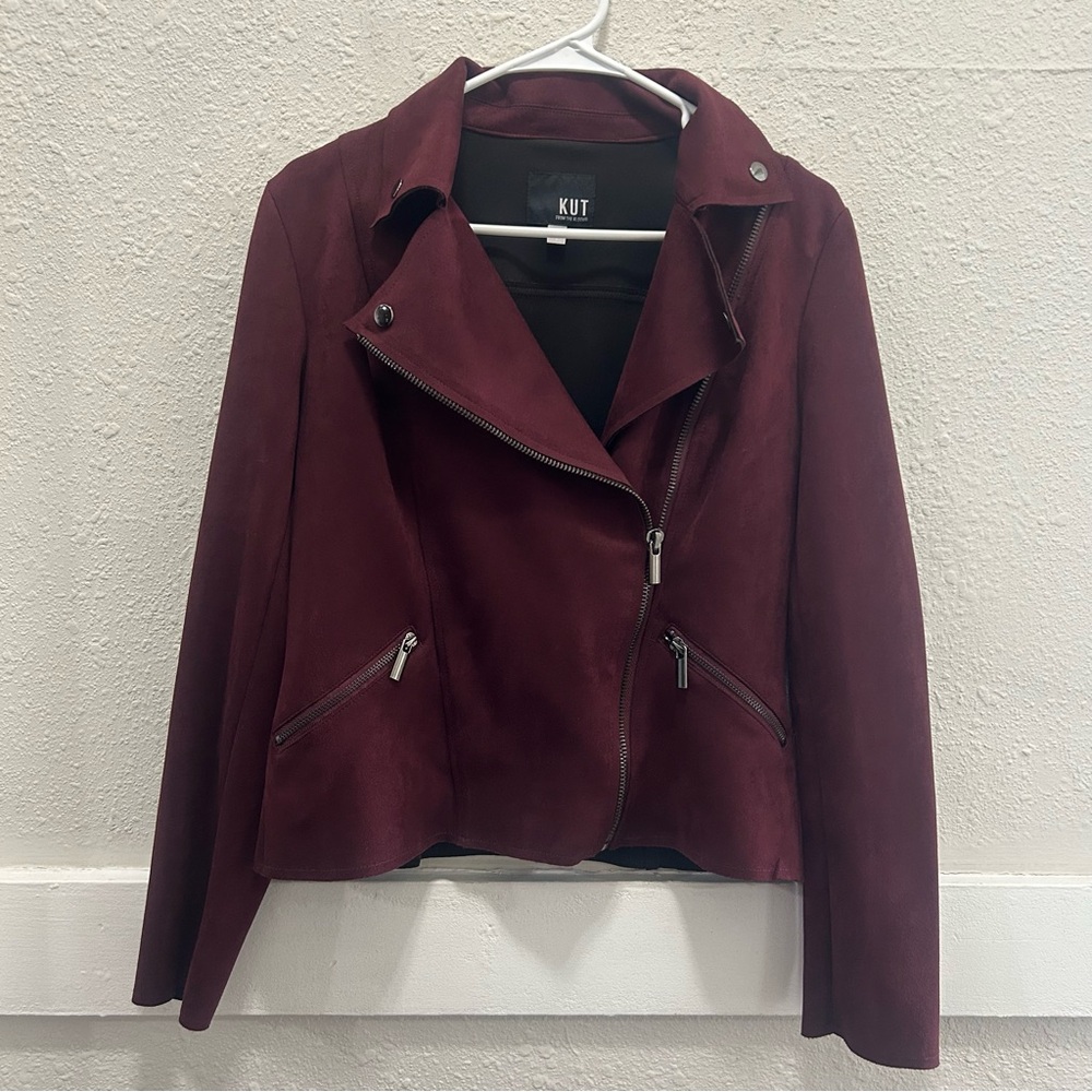 KUT From the Kloth Faux Suede Asymmetrical Moto Jacket Oxblood Size Small